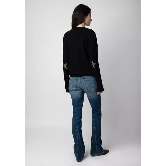 Zadig & Voltaire Womens size XS CICI Star Elbow Merino Wool Sweater Black HI LOW - Picture 1 of 9